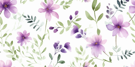 Floral pattern with purple flowers and green leaves on branches, watercolor seamless illustration...