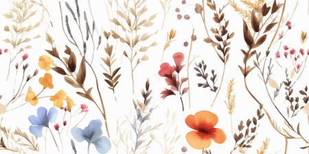 Floral seamless pattern with dry plants and flowers, colored watercolor print, isolated illustration for background, textile, wallpapers or wrapping paperのイラスト素材