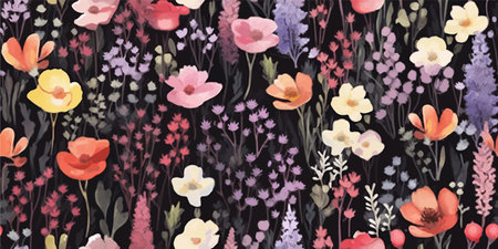 Meadow with flowers, floral seamless pattern of colorful wildflowers, watercolor illustration in rustic style on dark backgroundのイラスト素材
