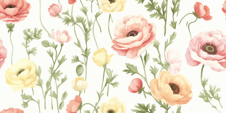 Floral seamless pattern with delicate flowers ranunculus on white background, watercolor...