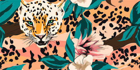 Modern exotic pattern with leopard. Creative collage contemporary floral seamless pattern. fashionable template for designのイラスト素材