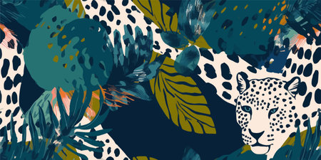 Hand drawn artistic abstract jungle pattern with leopards. Ethnic style collage contemporary seamless pattern. fashionable template for designのイラスト素材