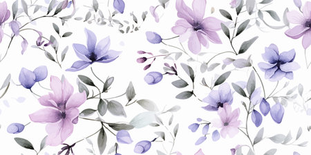 Flower seamless pattern with abstract floral branches with leaves, blossom lilac pink pastel flowers. Vector nature illustration in vintage watercolor style on light white backgroundのイラスト素材