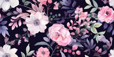 Delicate floral watercolor pattern, watercolor flowers and green leaves on black backgroud. Modern abstract flowers collage pattern. Bright contemporary print. Fashionable template for design.のイラスト素材