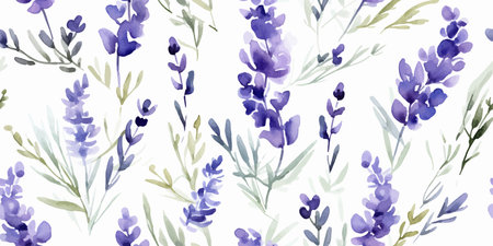 Lavender pressed dried flowers. Seamless pattern with Lavender floral plants. Seamless stylized watercolor flower pattern. Tiled and tillable, Wallpaper, wrapping paper design, textile, scrapbookingのイラスト素材