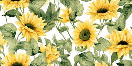 Seamless pattern with watercolor flowers, sunflower, repeat floral texture, digital paper hand drawing. Perfectly for wrapping paper, wallpaper, fabric, texture and other printingのイラスト素材