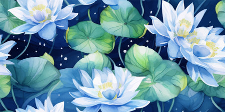 Elegant blue lotus flower seamless pattern. A mesmerizing seamless pattern featuring exotic lotus flowers in radiant shades of pink and white. The graceful flowers float serenely on tranquil waterのイラスト素材
