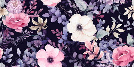 Delicate floral watercolor pattern, watercolor flowers and green leaves on black backgroud. Modern abstract flowers collage pattern. Bright contemporary print. Fashionable template for design.のイラスト素材