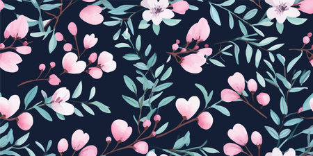 Delicate floral watercolor pattern, watercolor flowers and green leaves on black backgroud. Modern abstract flowers collage pattern. Bright contemporary print. Fashionable template for design.のイラスト素材