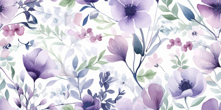 Flower seamless pattern with abstract floral branches with leaves, blossom lilac pink pastel flowers. Vector nature illustration in vintage watercolor style on light white backgroundのイラスト素材