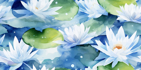 Elegant white lotus flower seamless pattern. A mesmerizing seamless pattern featuring exotic lotus flowers in radiant shades of pink and white. The graceful flowers float serenely on tranquil waterのイラスト素材