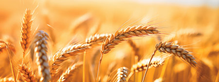 Spikes of ripe wheat in sun close-up with soft focus. Ears of golden wheat in beautiful cereals field in nature.の素材