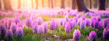 Spring glade in forest with flowering pink and purple hyacinths in sunny day in nature. Colorful natural spring landscape with flowers, soft selective focusの素材