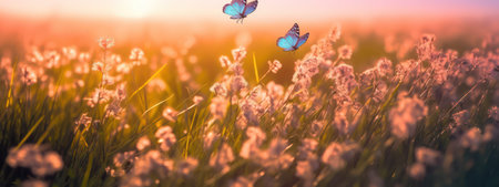 Beautiful fluffy wild grass and fluttering butterflies in field on nature in spring summer in rays of setting sun at sunset. Shallow depth of fieldの素材