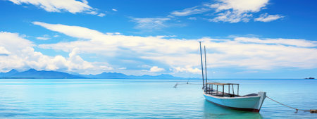 Boat in turquoise ocean water against blue sky with white clouds. natural landscape for summer vacationの素材