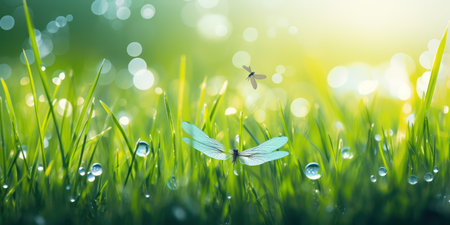 Beautiful wide format image of a morning in nature with bright fresh grass with dew drops, dragonflies in flight and soft bokeh from sunlightの素材
