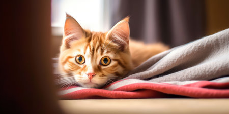 A cute red striped young cat lies on the floor on a blanket and looks funnyの素材