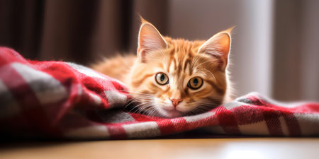 A cute red striped young cat lies on the floor on a blanket and looks funnyの素材