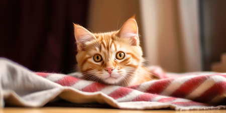 A cute red striped young cat lies on the floor on a blanket and looks funnyの素材