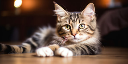A cute young fluffy tabby cat lies in a room on a wooden floor. nice attentive lookの素材