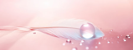Light airy natural background in pink tones with drop of water on feather, macro. Elegant, gentle artistic image beauty of natureの素材