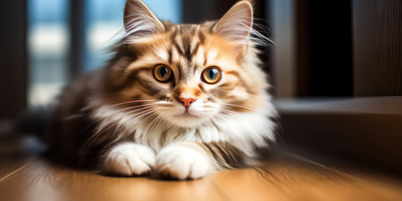 A cute young fluffy tabby cat lies in a room on a wooden floor. nice attentive lookの素材