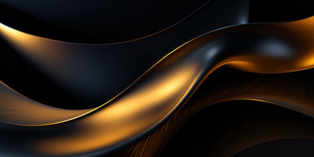 Luxurious chic black abstract 3D background with intertwined golden metallic wavesの素材