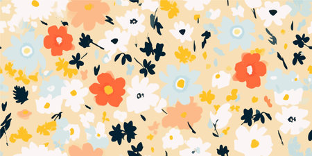 Hand drawn bright abstract little flowers print. Cute collage pattern. Fashionable template for design. cartoon style.のイラスト素材