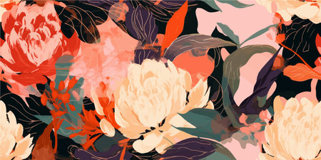 Trendy abstract pattern with peonies. Creative collage contemporary seamless pattern. Fashionable template for design.のイラスト素材