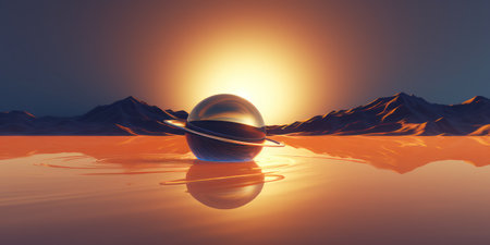 3d rendering. Abstract minimal background of fantastic sunset landscape, golden glossy ball, saturn planet, hills and reflection in the water. Surreal aesthetic wallpaperの素材