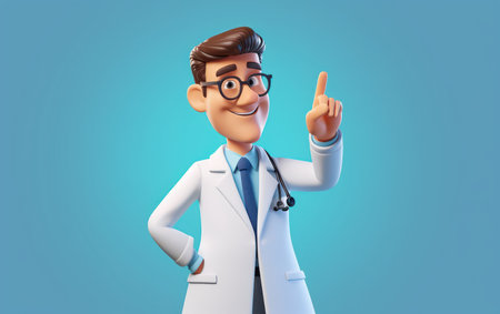 3d rendering. Cartoon character caucasian man doctor wears glasses tie and white coat. Finger pointing up. Medical clip art isolated on blue background. Healthcare assistant advice, medicine scienceの素材
