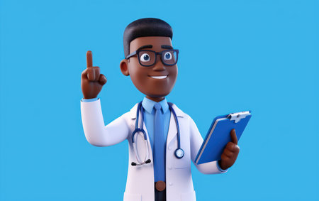 3d render, cartoon character doctor with dark skin, wears glasses, shows finger up, holds blue clipboard. health care clip art isolated on blue background. Solution of medical problemの素材