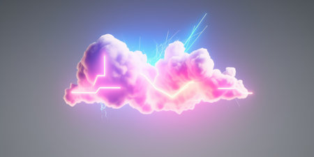 3d render, geometric sign glows with neon light inside the colorful cloud isolated on white background, fantasy sky. Stormy cumulus with geometric shapeの素材