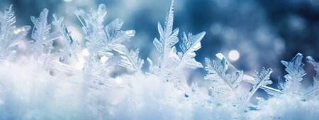 Beautiful crystals of hoarfrost close-up macro on a natural atmospheric blue background. Winter snow...