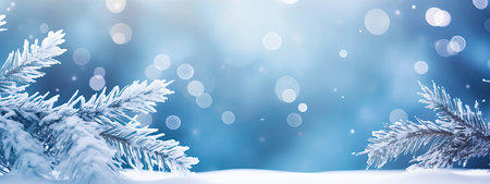 Beautiful winter background image of frosted spruce branches and small drifts of pure snow with...