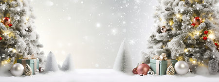 Beautiful red Christmas background with a decorated Christmas tree in the living room near the fireplace with lights and giftsの写真素材