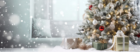 Beautiful white Christmas background with a decorated Christmas tree in the living room with lights and gifts.の素材