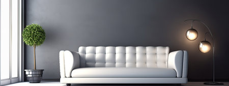 Beautiful modern white sofa in the interior against a gray wallの素材