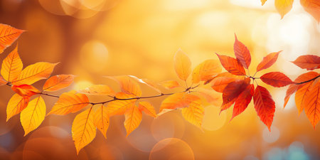 Colorful universal natural autumn background for design with orange leaves and blurred backgroundの素材