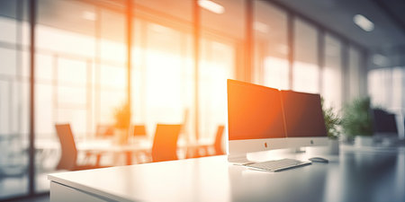 Beautiful blurred background of a light modern office interior with and beautiful lightingの素材