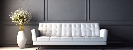 Beautiful modern white sofa in the interior against a gray wall.の素材