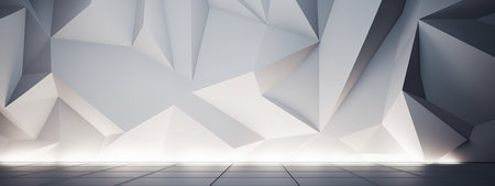 Empty light and dark interior background. White geometrically textured 3D empty wall and smooth light floor with beautiful lightingの素材