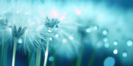 Dandelion Seeds in droplets of water on blue and turquoise beautiful background with soft focus in nature macro. Drops of dew sparkle on dandelion in rays of lightの素材