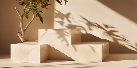 Three beige marble platforms with shadow from tree foliage on the wall. background for presentationの素材