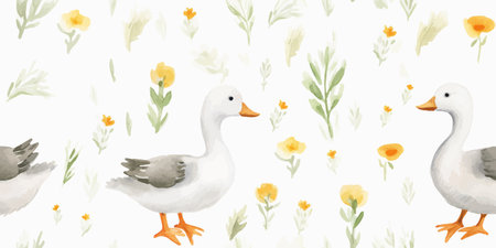 Beautiful baby seamless pattern with watercolor cute white goose birds celebrating birthday partyのイラスト素材