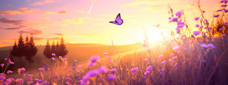 Blooming lavender summer flower and a flying butterfly against the backdrop of a summer sunset landscapeの素材