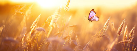 Abstract field landscape at sunset with soft focus. dry ears of grass in the meadow and a flying butterfly, warm golden hour of sunset, sunrise timeの素材