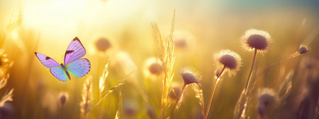 Abstract summer autumn field landscape at sunset with soft focus. dry ears of grass in the meadow and a flying butterfly, warm golden hour of sunset, sunrise time. Calm autumn nature forest backgroundの素材