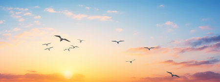 abstract beautiful peaceful summer morning sky background, sunrise new day and flying flock of birdsの素材