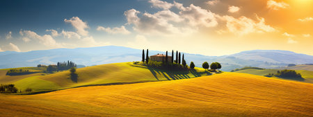 Typical Tuscany countryside landscape, sunset over rolling hills and Tuscany farmlandの素材